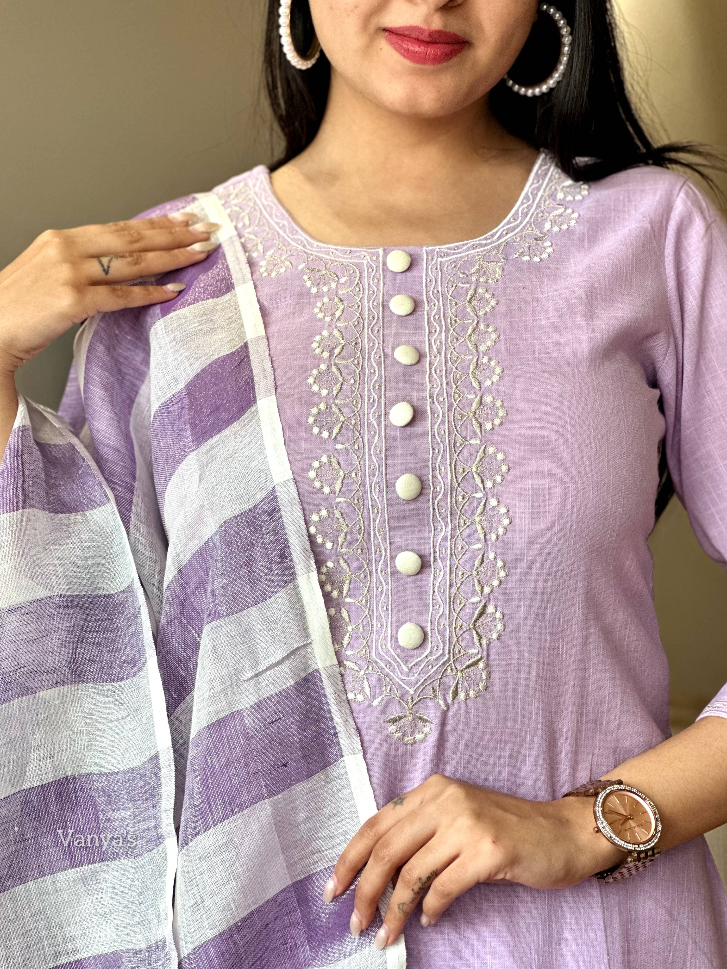 Lavender Handloom Cotton Kurta Pant Set with Pure Linen Dupatta