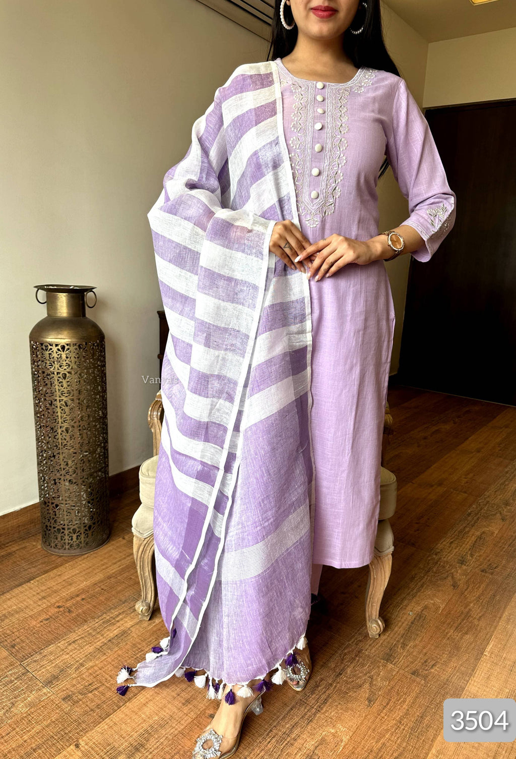 Lavender Handloom Cotton Kurta Pant Set with Pure Linen Dupatta