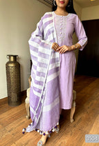 Lavender Handloom Cotton Kurta Pant Set with Pure Linen Dupatta