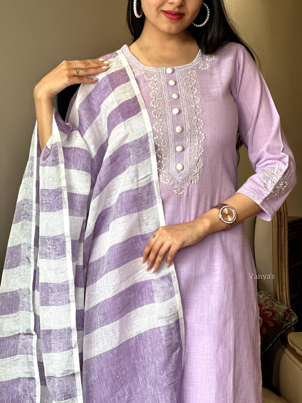 Lavender Handloom Cotton Kurta Pant Set with Pure Linen Dupatta