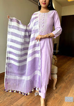 Lavender Handloom Cotton Kurta Pant Set with Pure Linen Dupatta