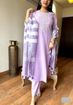 Lavender Handloom Cotton Kurta Pant Set with Pure Linen Dupatta