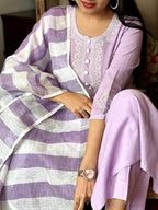 Lavender Handloom Cotton Kurta Pant Set with Pure Linen Dupatta