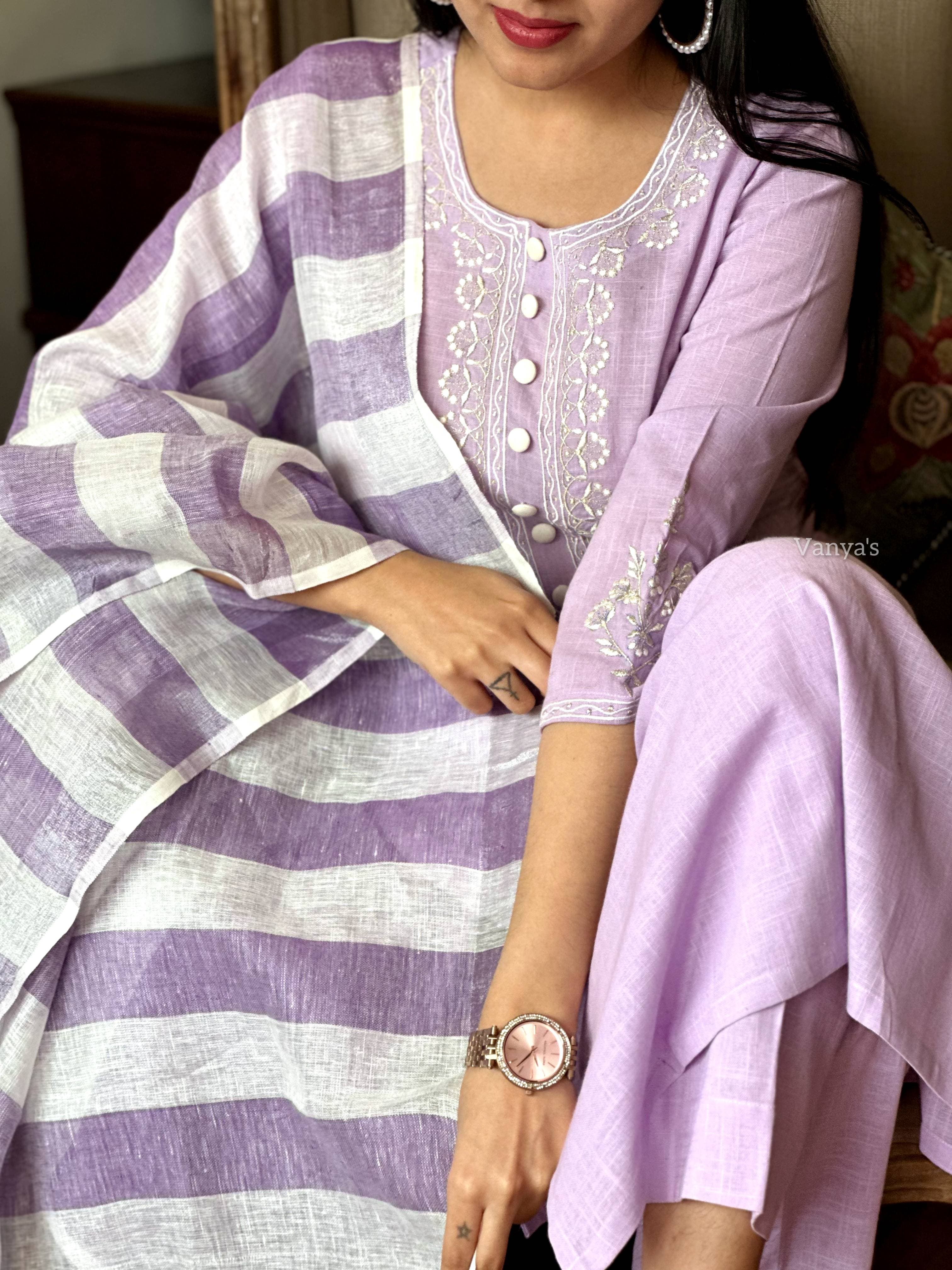 Lavender Handloom Cotton Kurta Pant Set with Pure Linen Dupatta