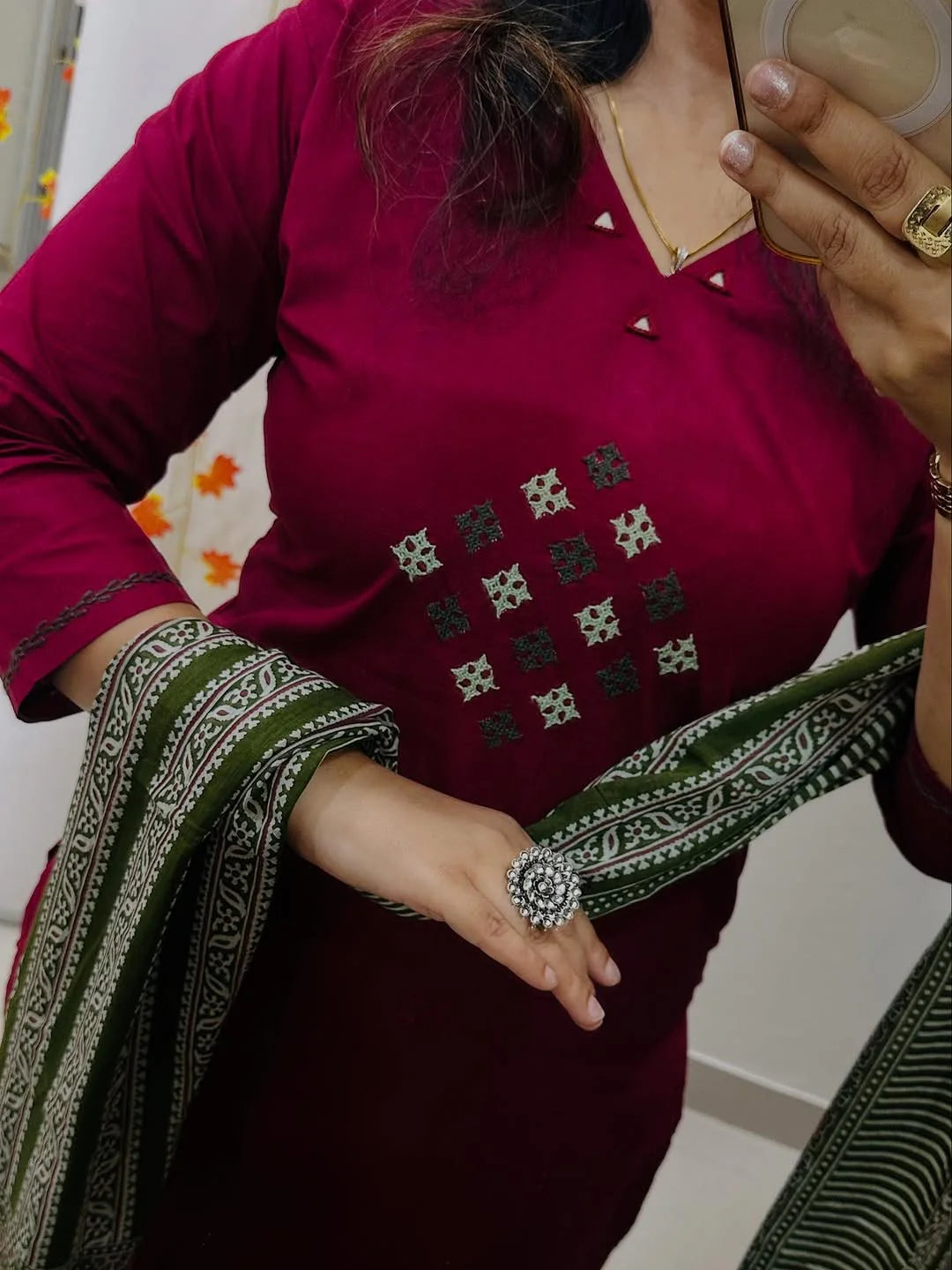 Wine Solid Cotton Kurti Pant & Dupatta Set for women