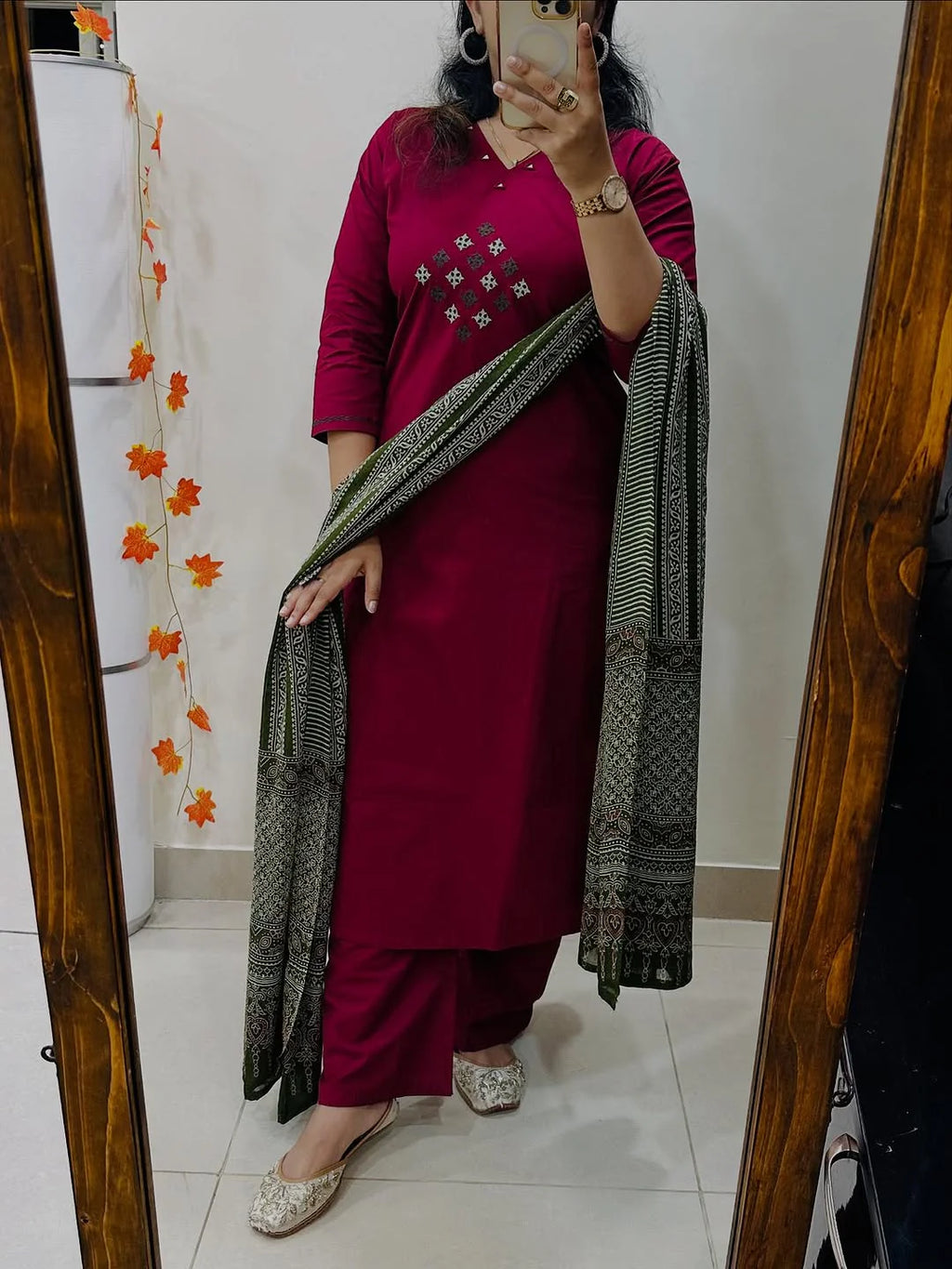 Wine Solid Cotton Kurti Pant & Dupatta Set for women