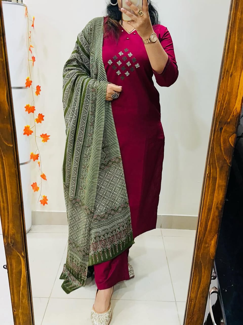 Wine Solid Cotton Kurti Pant & Dupatta Set for women