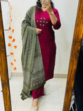 Wine Solid Cotton Kurti Pant & Dupatta Set for women