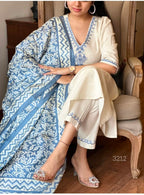 Off White Cotton Flex Embroidered Kurta Set with Blue Dupatta for Women