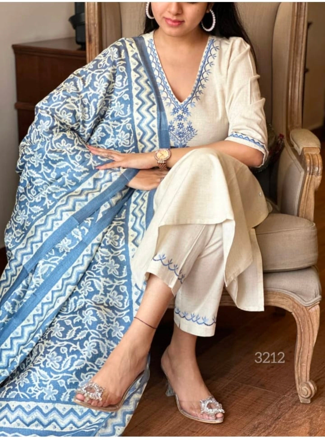 Off White Cotton Flex Embroidered Kurta Set with Blue Dupatta for Women