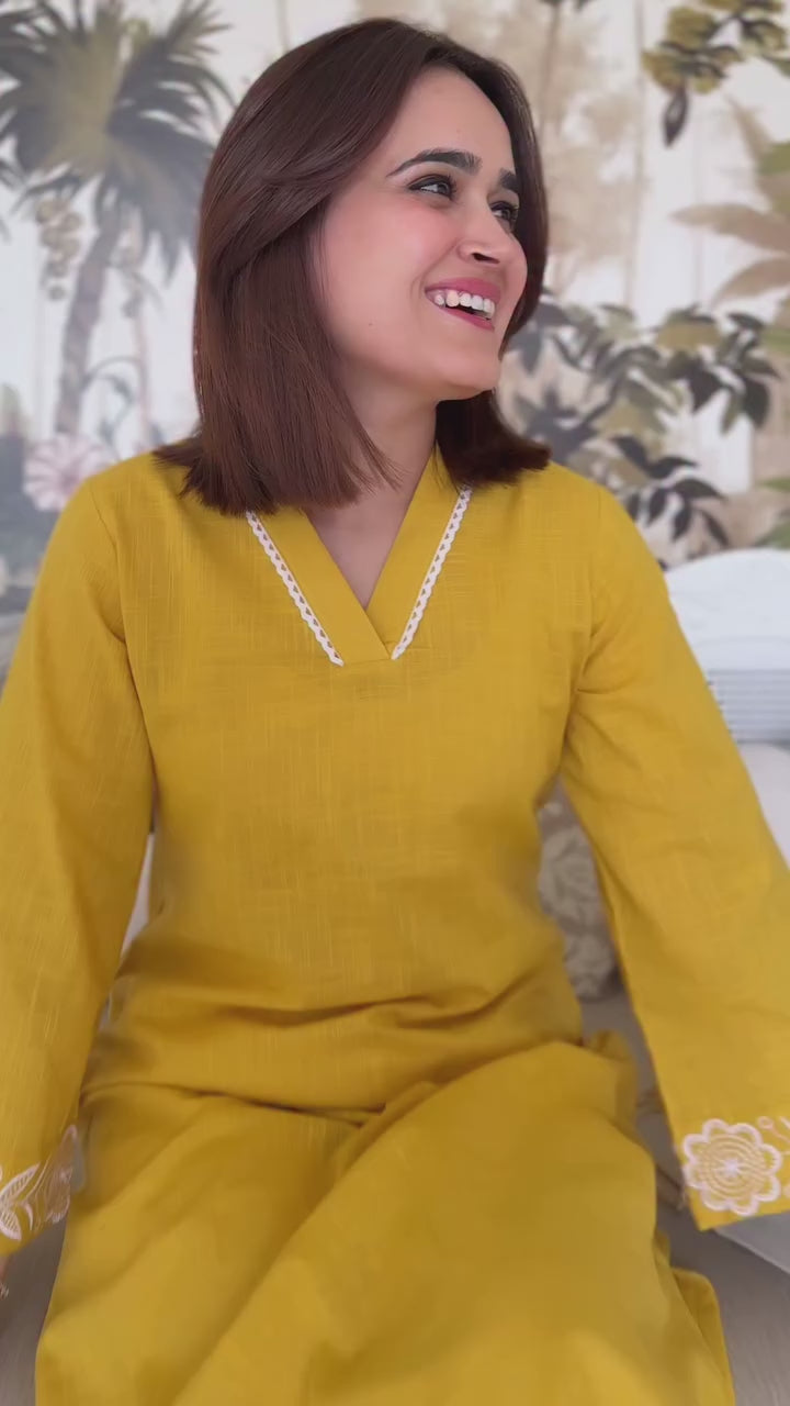 Mustard Yellow Textured Kurta with Embroidered Cuffs