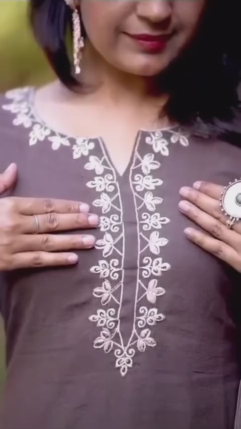 Brown Cotton Embroidered Kurti Pant Set with Printed Dupatta for Women | 3 Piece Ethnic Suit
