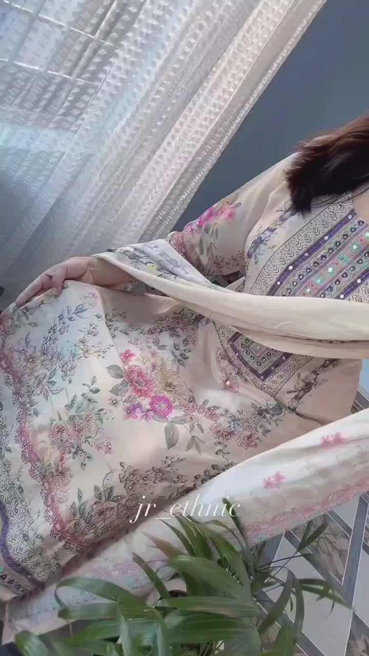 Noori Anarkali Premium Muslin Blend Palazzo Set with Double-Shade Dupatta & Complimentary Pearl Mala