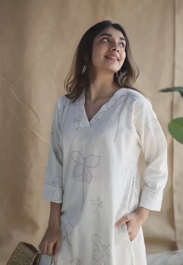 Off White Cotton Linen Floral Kurta Pant Set for Women | Minimal Co-ord