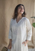 Off White Cotton Linen Floral Kurta Pant Set for Women | Minimal Co-ord