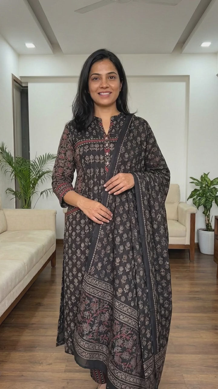 Elegant Black Pure Cotton Anarkali Suit Set
