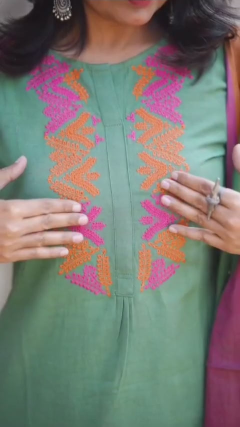 Elegant Handloom South Cotton Kurta Pant Dupatta Set for Women | Premium Ethnic Wear in Olive Green