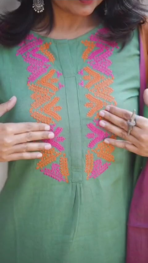 Sage Green Cotton Embroidered Kurta Pant Dupatta Set for Women