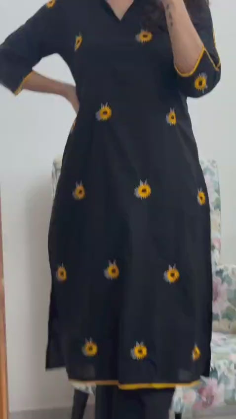 Elegant Black Sunflower Embroidered Kurta Palazzo Set 🌻✨