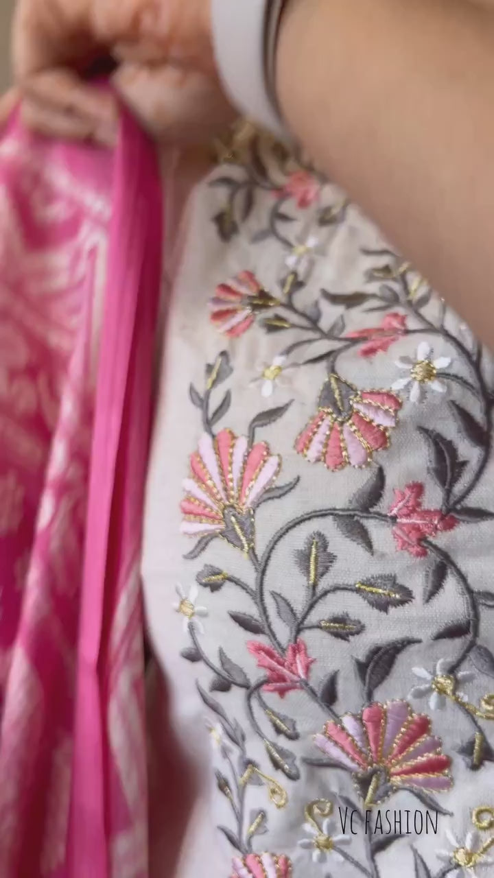 Cream Khadi Cotton Embroidered Kurta Set with Pink Dupatta for Women