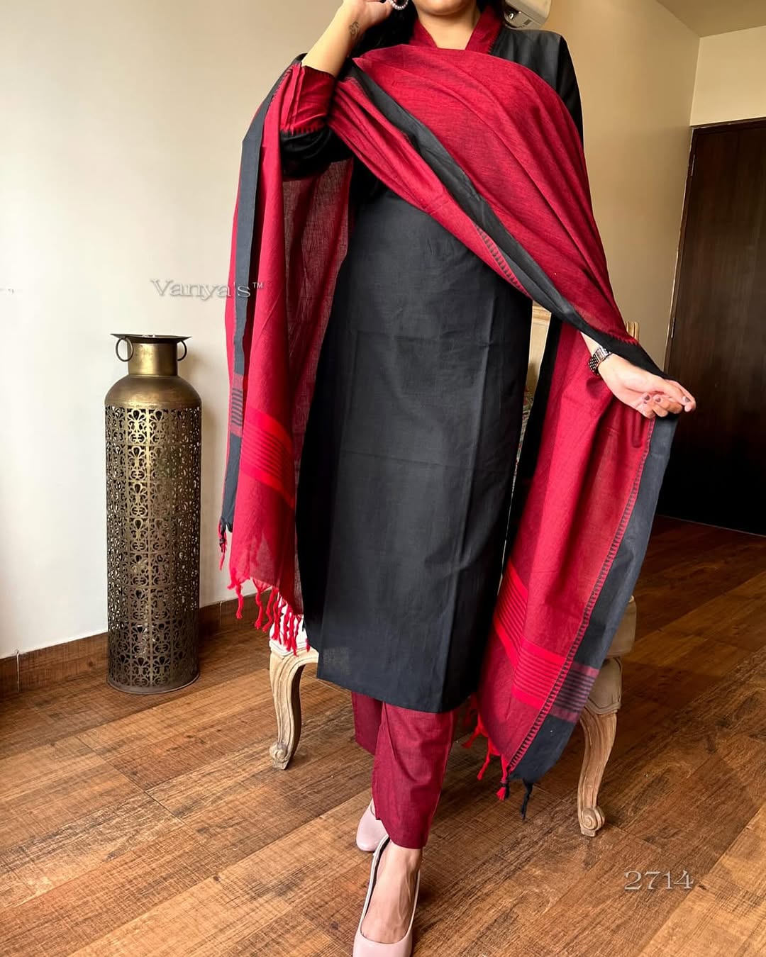 Premium Red and Black 🖤 South Cotton Handloom Kurti Set 🌸