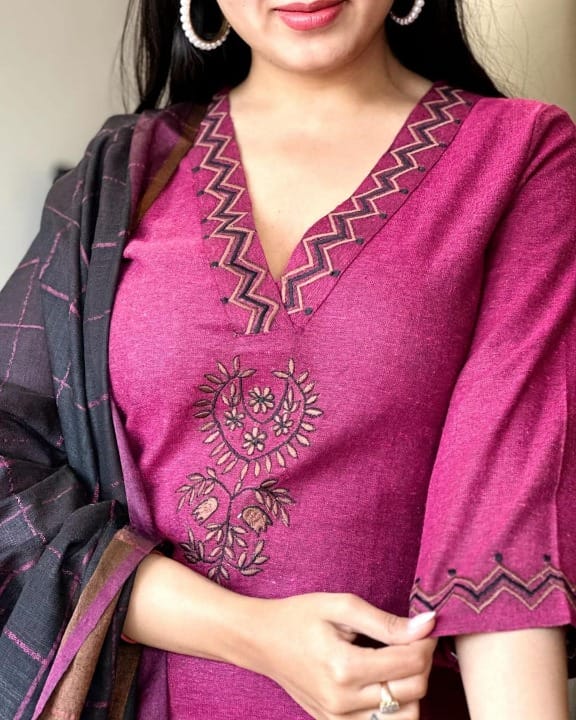 Premium Handloom Khadi Cotton Embroidered Suit Set with Dupatta