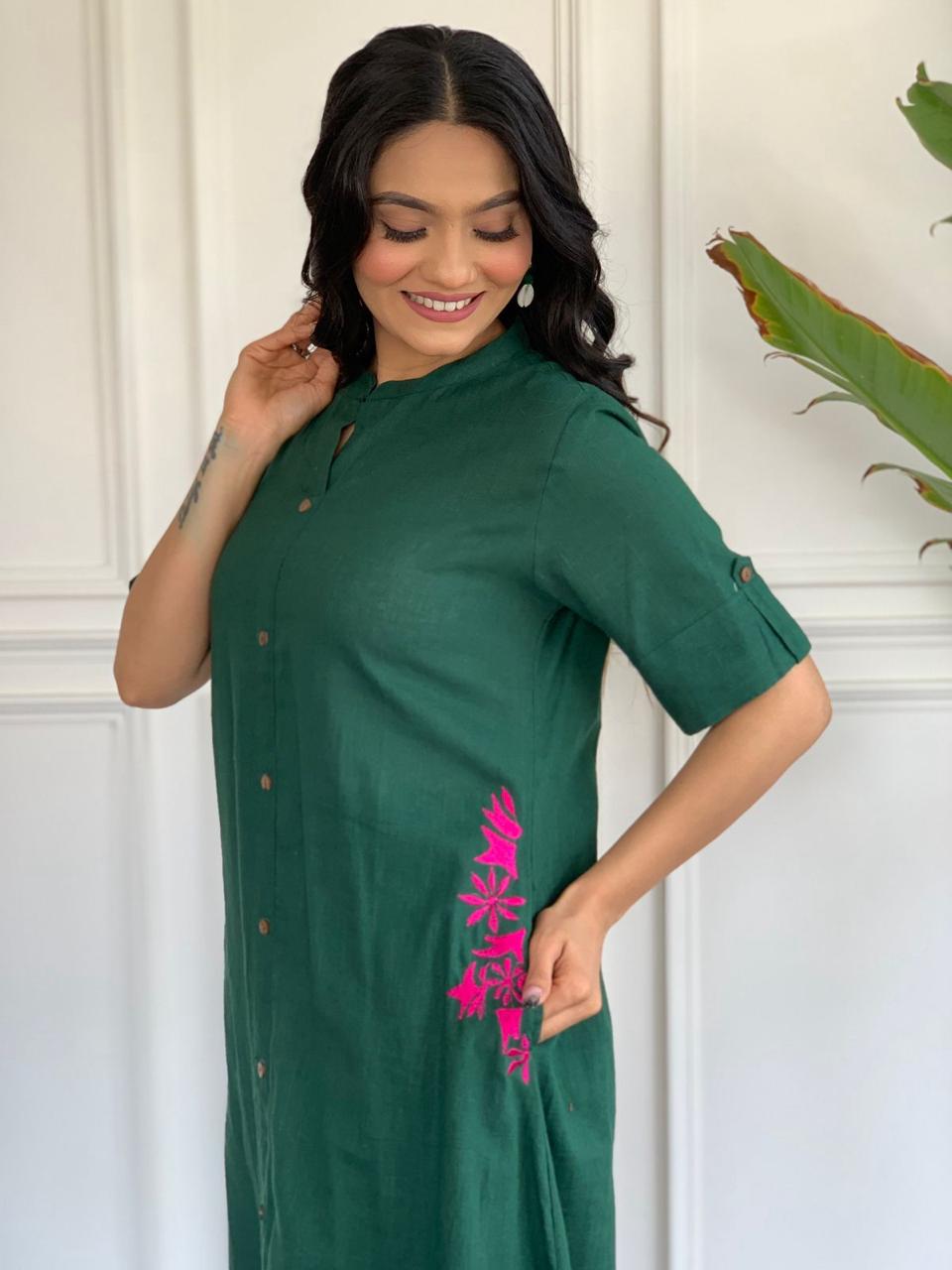 Premium Forest Green Hand-Embroidered Cotton Slub A-Line Co-ord Set