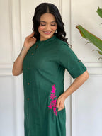 Premium Forest Green Hand-Embroidered Cotton Slub A-Line Co-ord Set