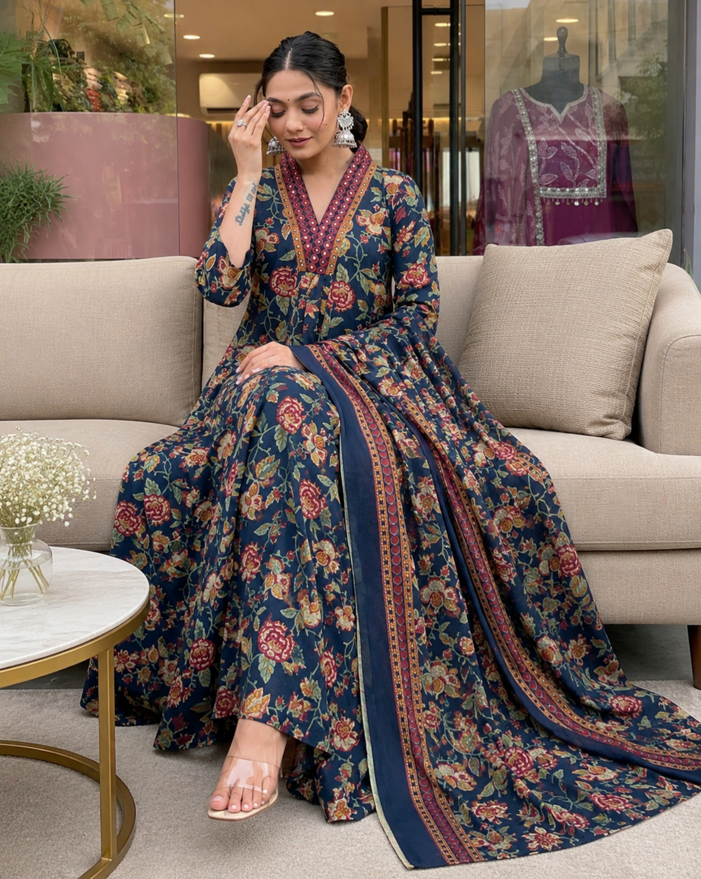 Green Women’s Floral Printed Kurta Pant Dupatta Set