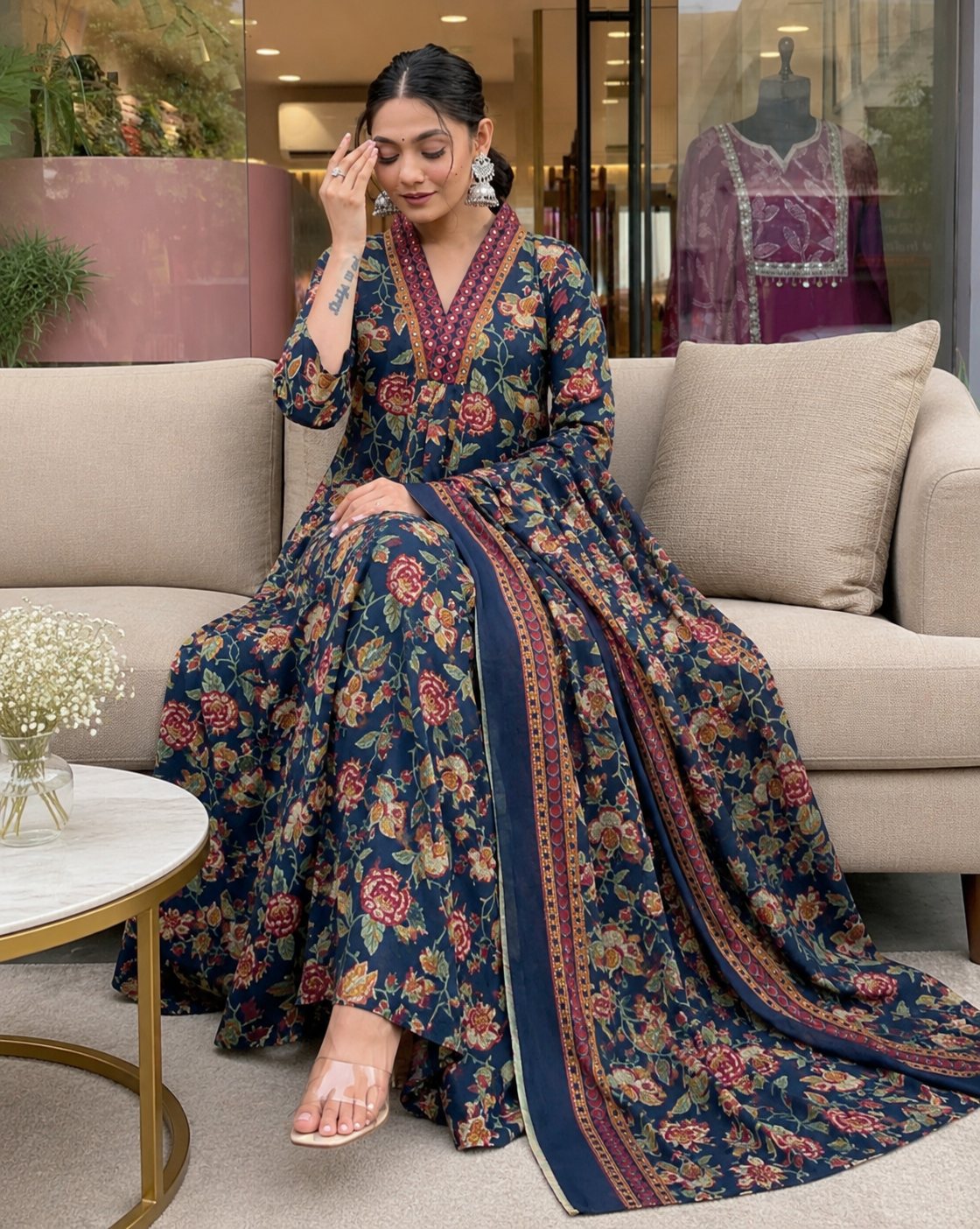 Green Women’s Floral Printed Kurta Pant Dupatta Set