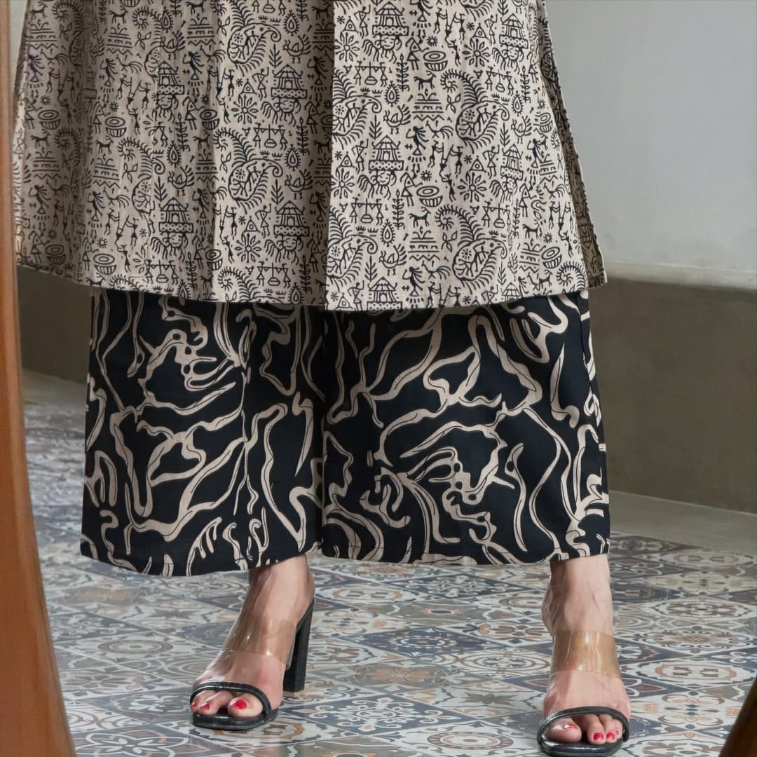 Women’s Beige Printed Kurta Palazzo Co-Ord Set | Elegant Ethnic Wear