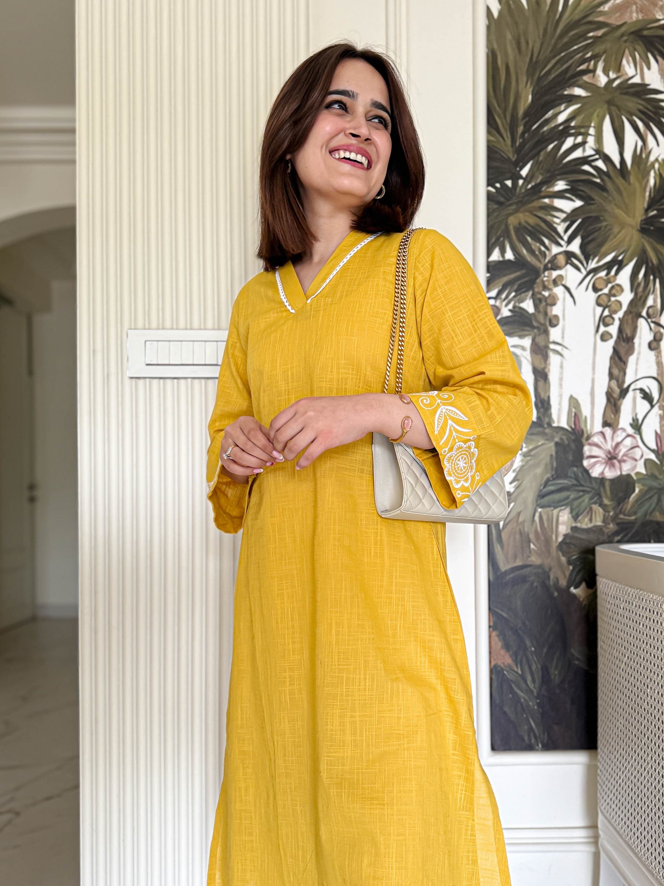 Mustard Yellow Textured Kurta with Embroidered Cuffs
