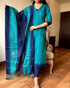 Premium Teal Blue Cotton Kurta Pant Dupatta Set for Women | Elegant Ethnic Wear Co-ord Set
