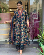 Green Women’s Floral Printed Kurta Pant Dupatta Set