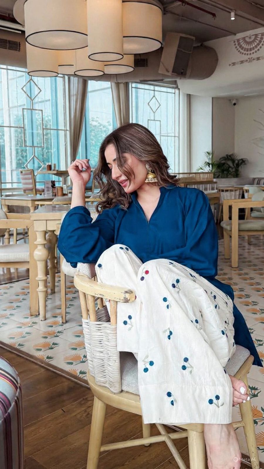 Elegant Navy Blue V-Neck Kurti with Embroidered Cotton Farshi Pant Set for Women