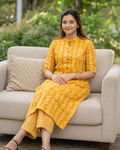 Women’s Mustard Printed Kurta Pant Co-Ord Set