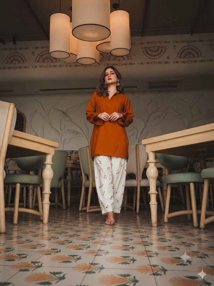 Elegant brown V-Neck Kurti with Embroidered Cotton Farshi Pant Set for Women
