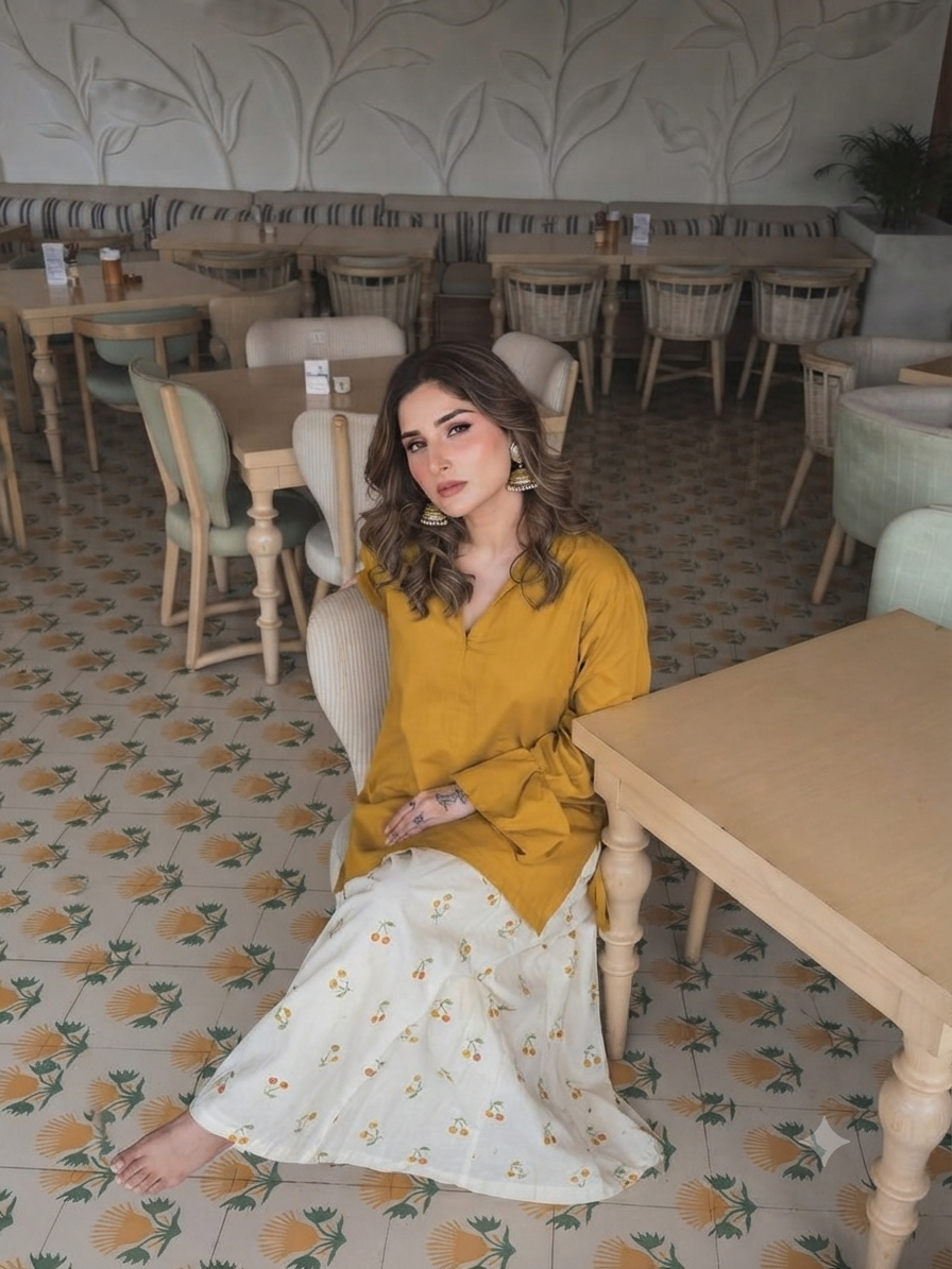 Elegant Yellow V-Neck Kurti with Embroidered Cotton Farshi Pant Set for Women