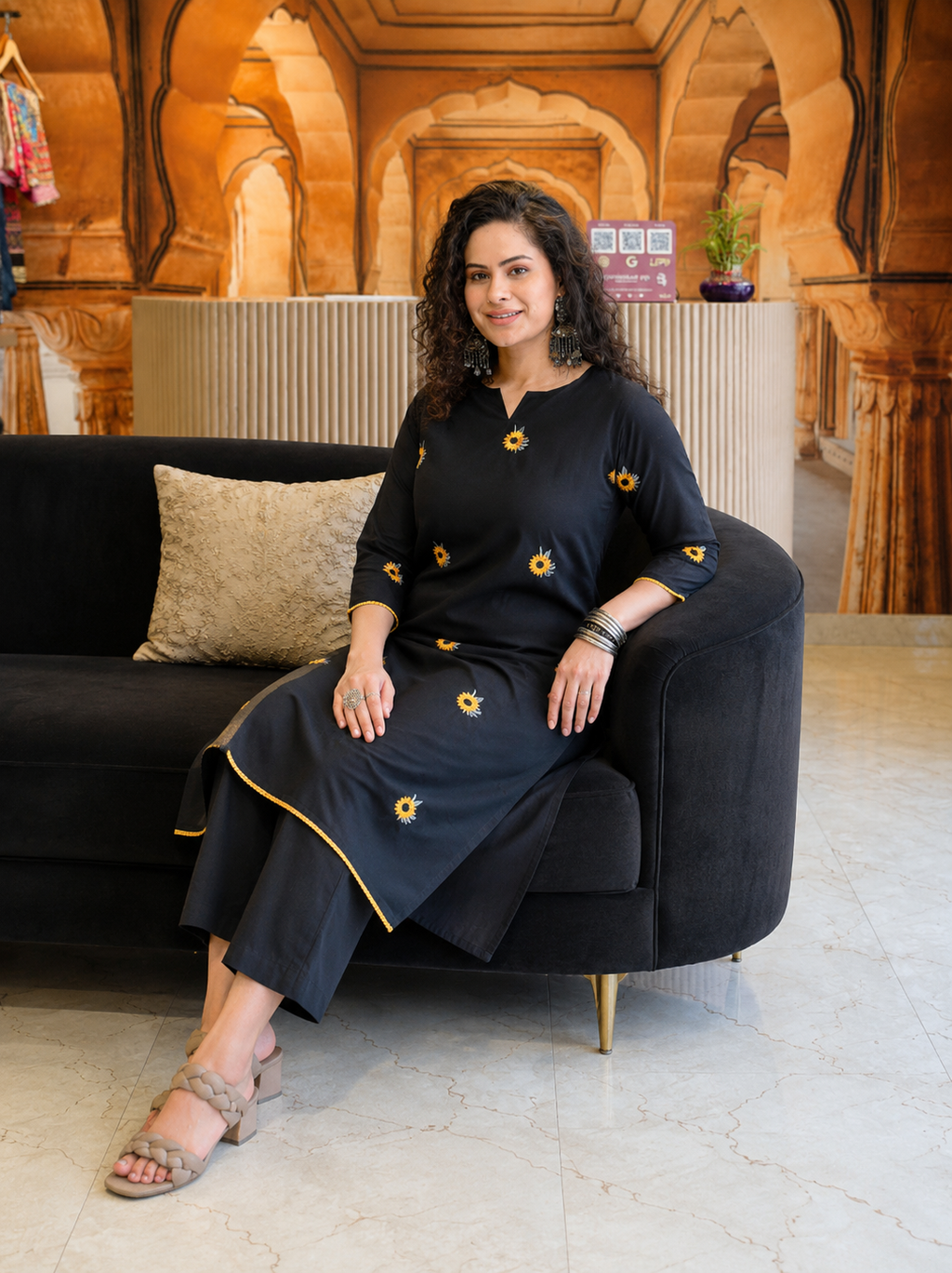 Elegant Black Sunflower Embroidered Kurta Palazzo Set 🌻✨