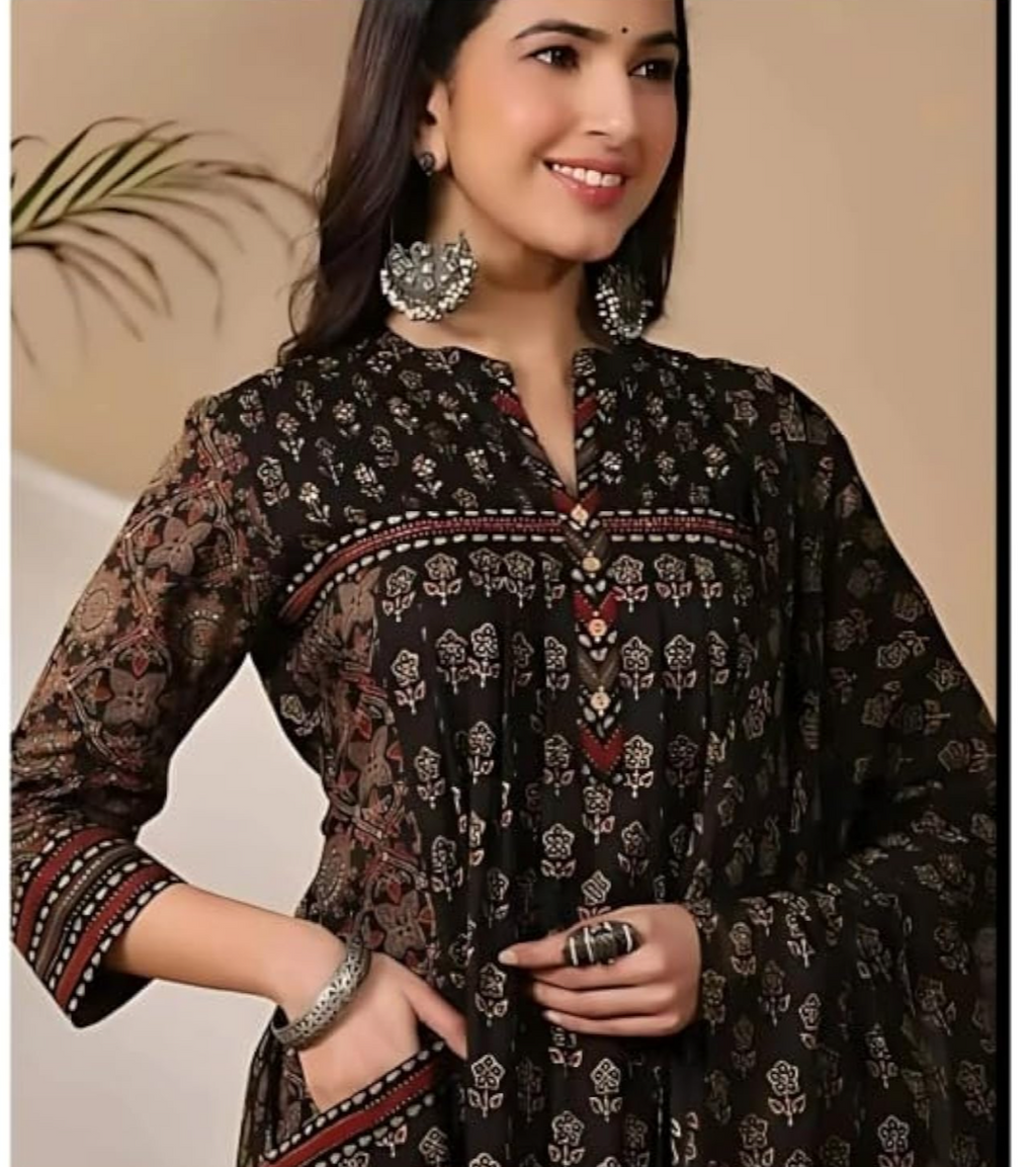 Elegant Black Pure Cotton Anarkali Suit Set