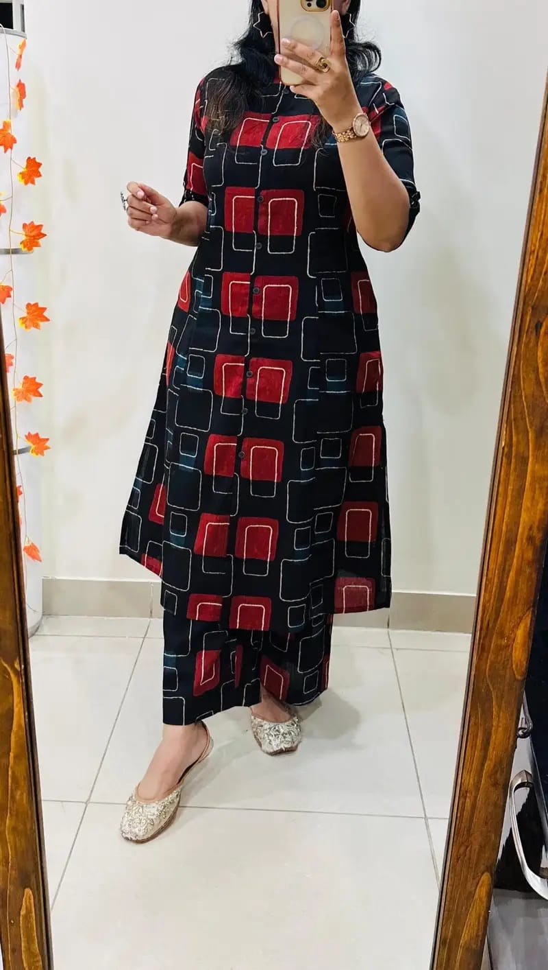 Premium Floral Fine Cotton Kurti Palazzo Co-ord Set ✨Black red