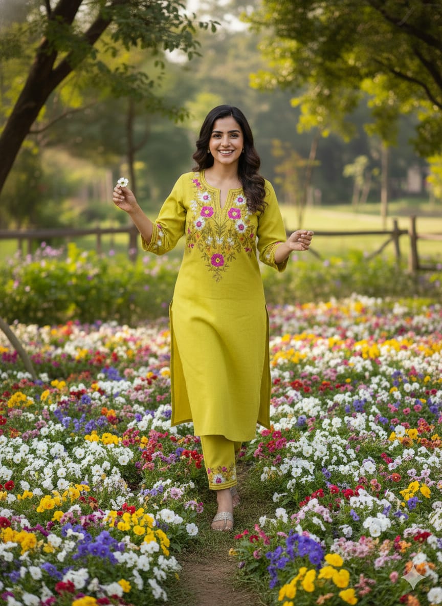 Elegant Green Floral Embroidered Kurti Pant Se