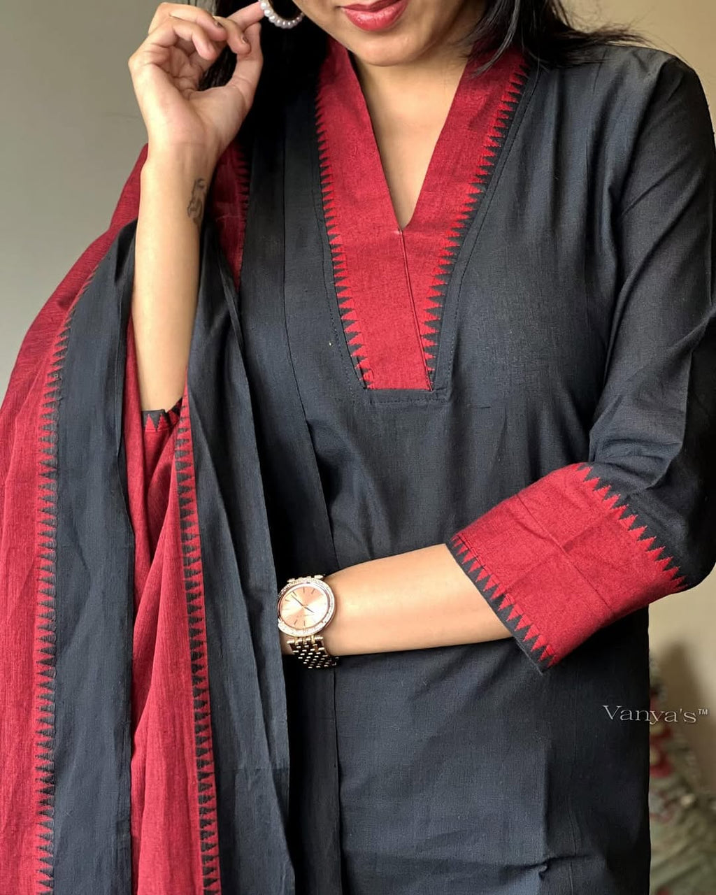 Premium Red and Black 🖤 South Cotton Handloom Kurti Set 🌸