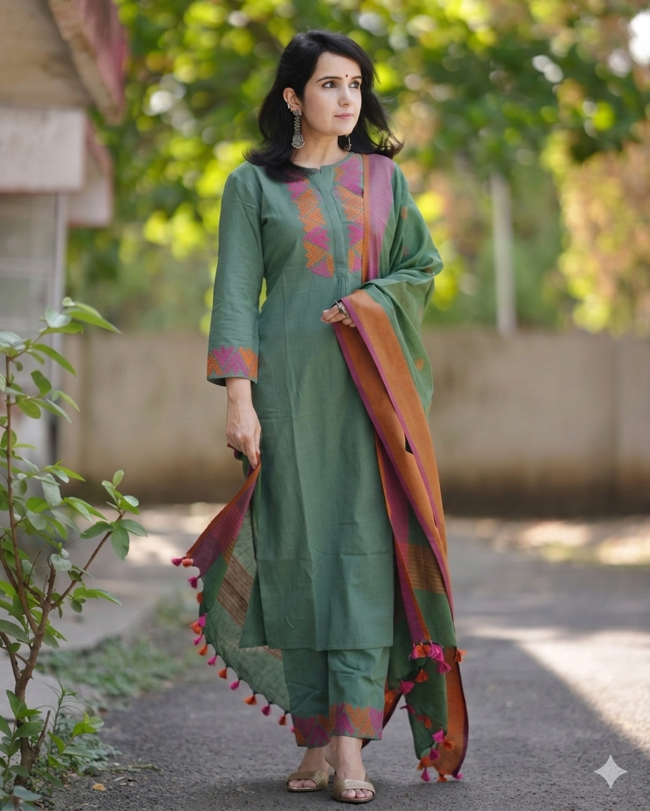 Elegant Handloom South Cotton Kurta Pant Dupatta Set for Women | Premium Ethnic Wear in Olive Green