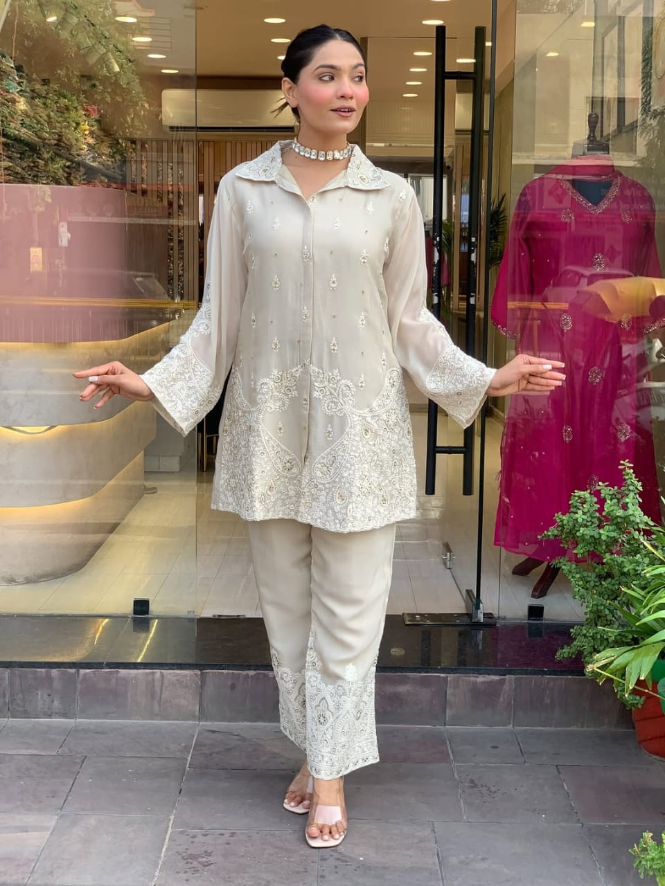 MOLISHA Women's Premium Chanderi Blend Embroidered Co-Ord Set