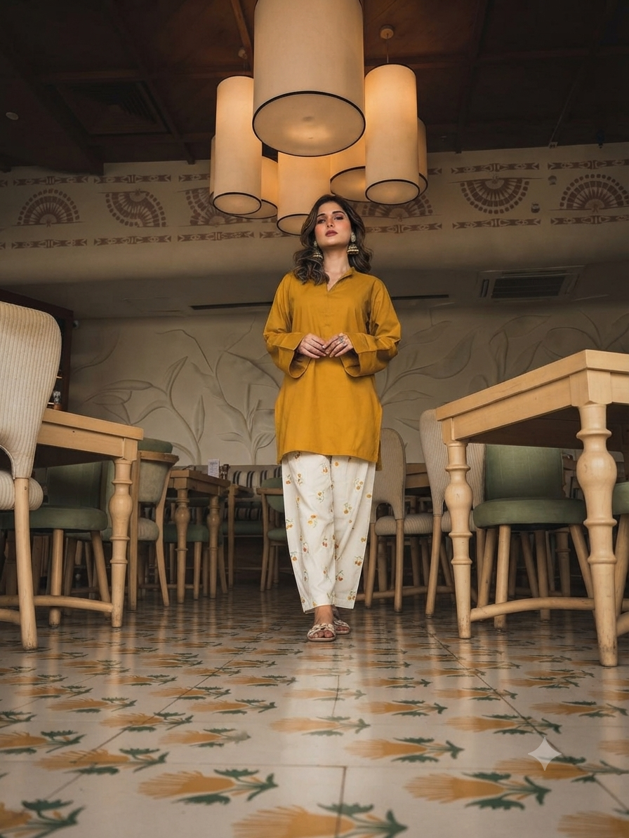 Elegant Yellow V-Neck Kurti with Embroidered Cotton Farshi Pant Set for Women