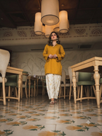 Elegant Yellow V-Neck Kurti with Embroidered Cotton Farshi Pant Set for Women