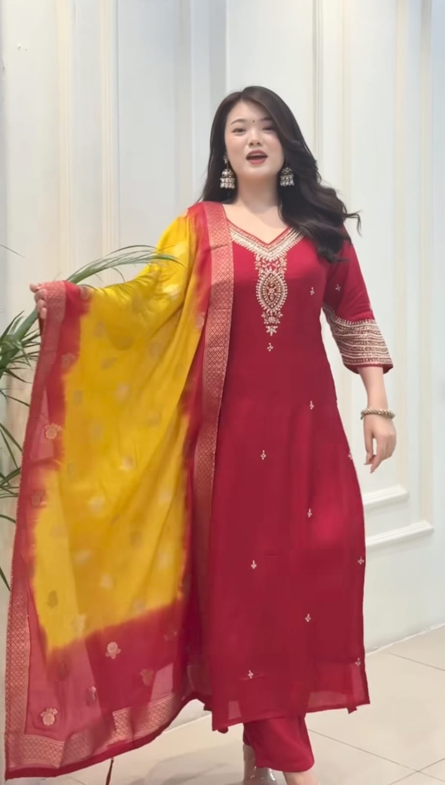 Women's Premium Berry Silk Blend Embroidered Kurta Pant Set with Zari Stripe Kanjivaram Blend Dupatta | Festive 3-Piece Ethnic Suit with Cotton Lining (Pack of 3)