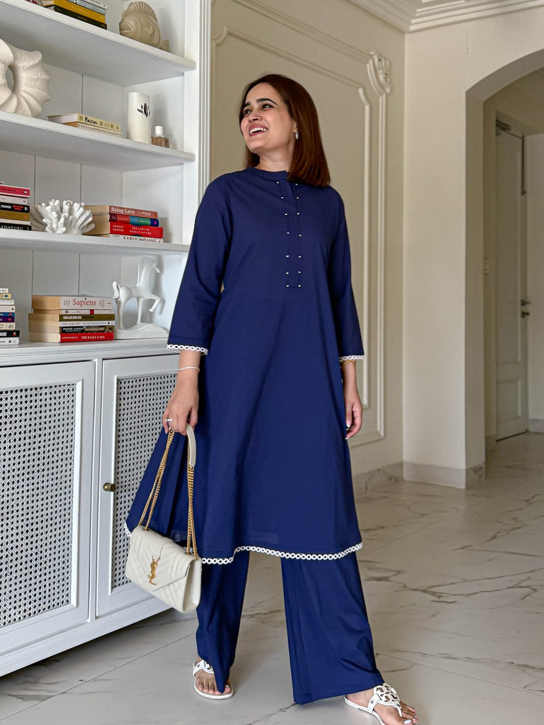 Women’s Navy Blue Straight Cotton Kurta Palazzo Set | Elegant Ethnic Wear