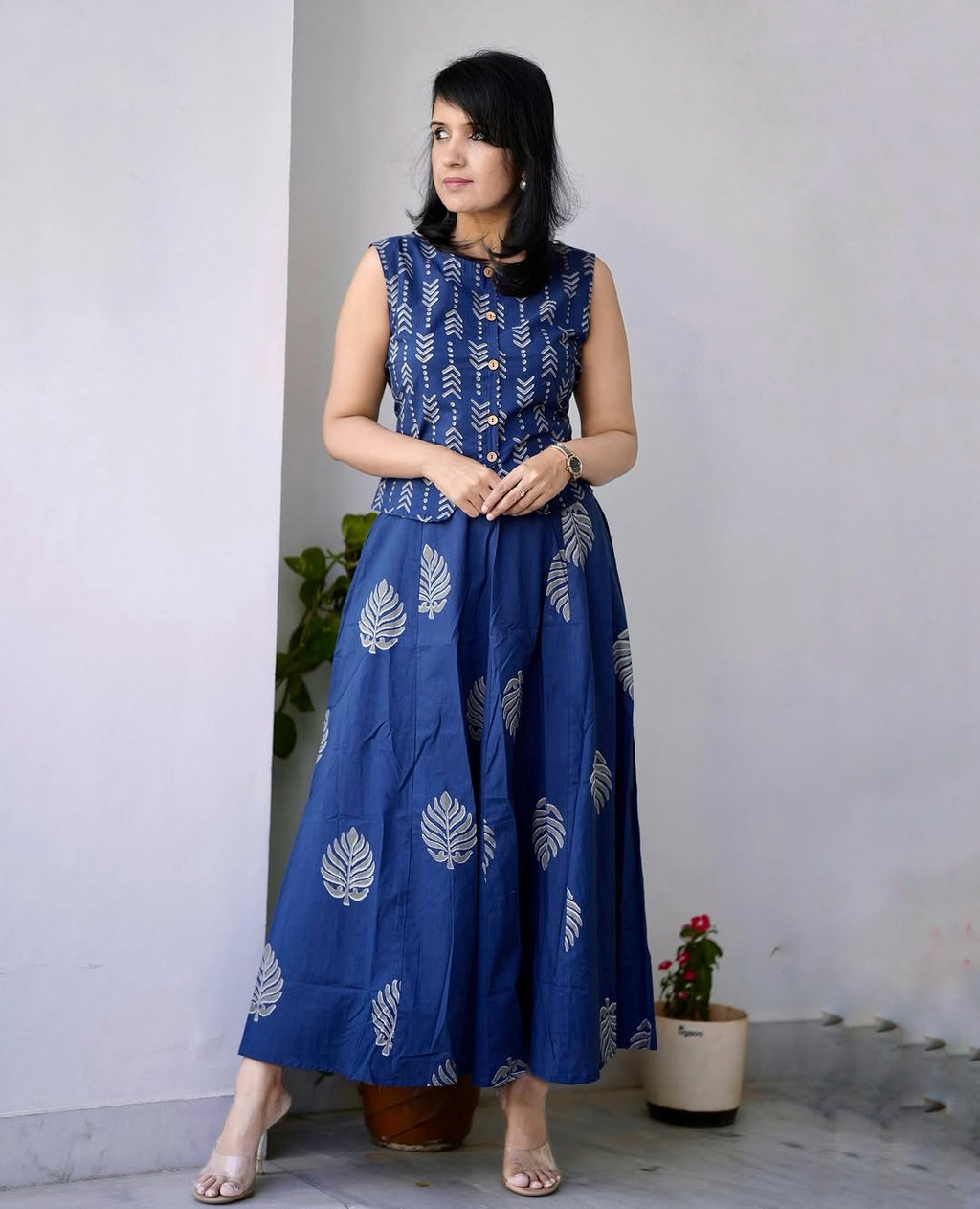 Women’s Indigo Leaf Print Cotton Maxi Dress | Casual Summer Ethnic Wear